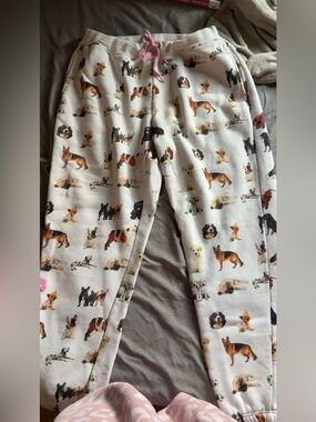 Mens White Dog-Print Pajama Pants with Pink Drawstring